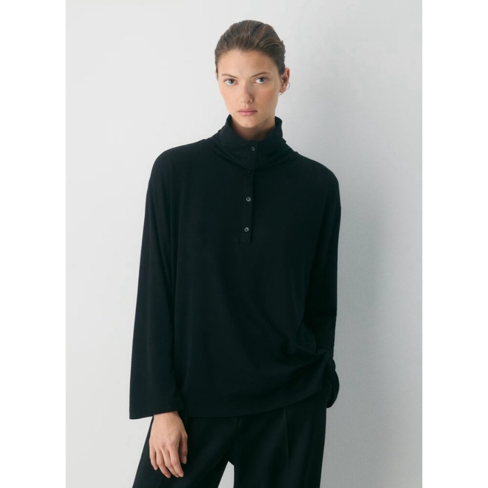 Babaton Aritzia Sz M Black Semi Sheer Cowl Neck Pullover‎ Top Bouse Button Up